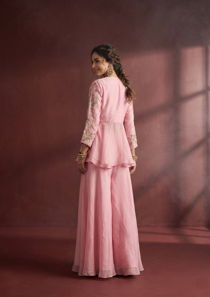 Pink Threadwork Crepe Readymade Salwar Suit