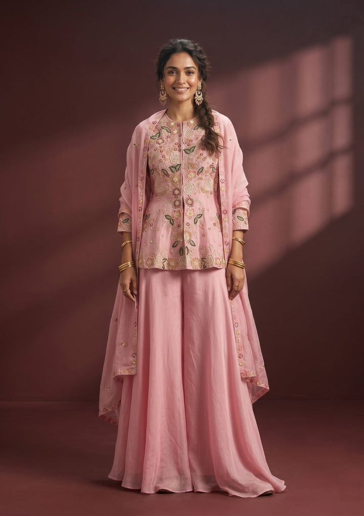Pink Threadwork Crepe Readymade Salwar Suit