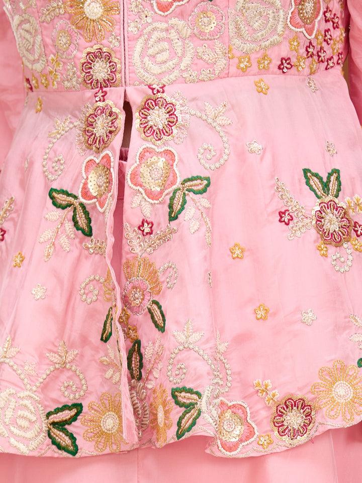 Pink Threadwork Crepe Readymade Salwar Suit