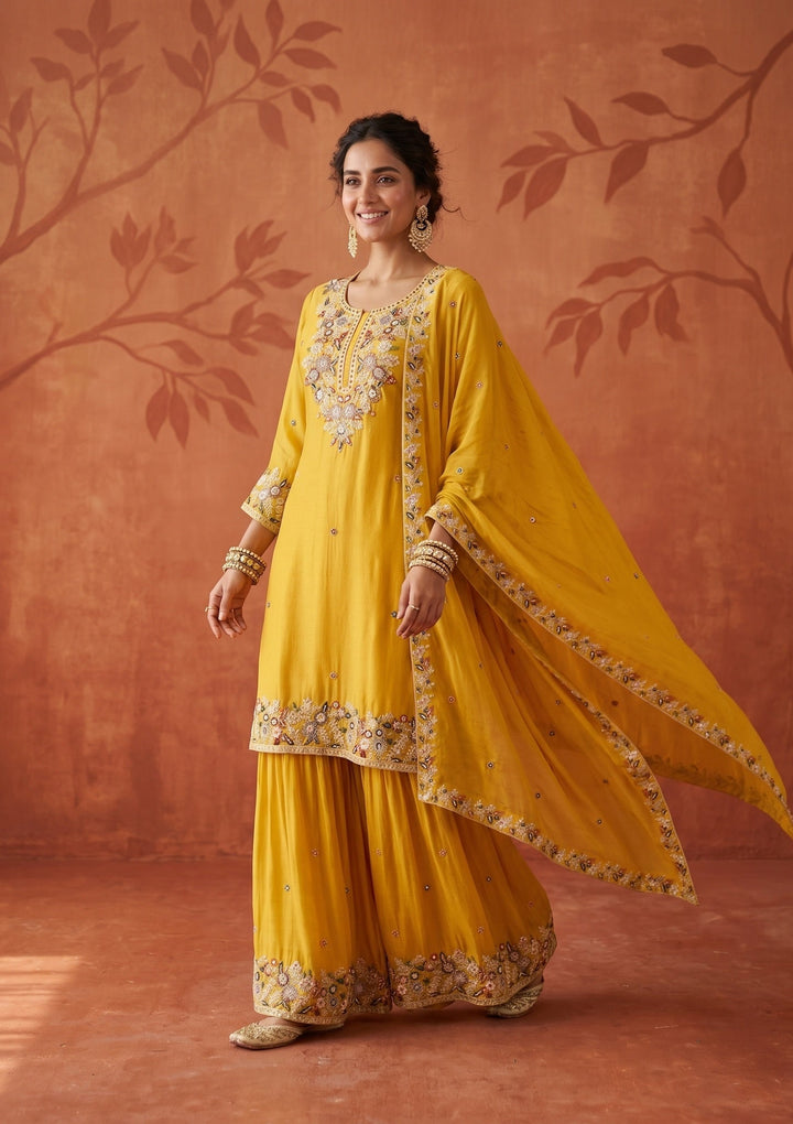 Mustard Threadwork Crepe Readymade Salwar Suit