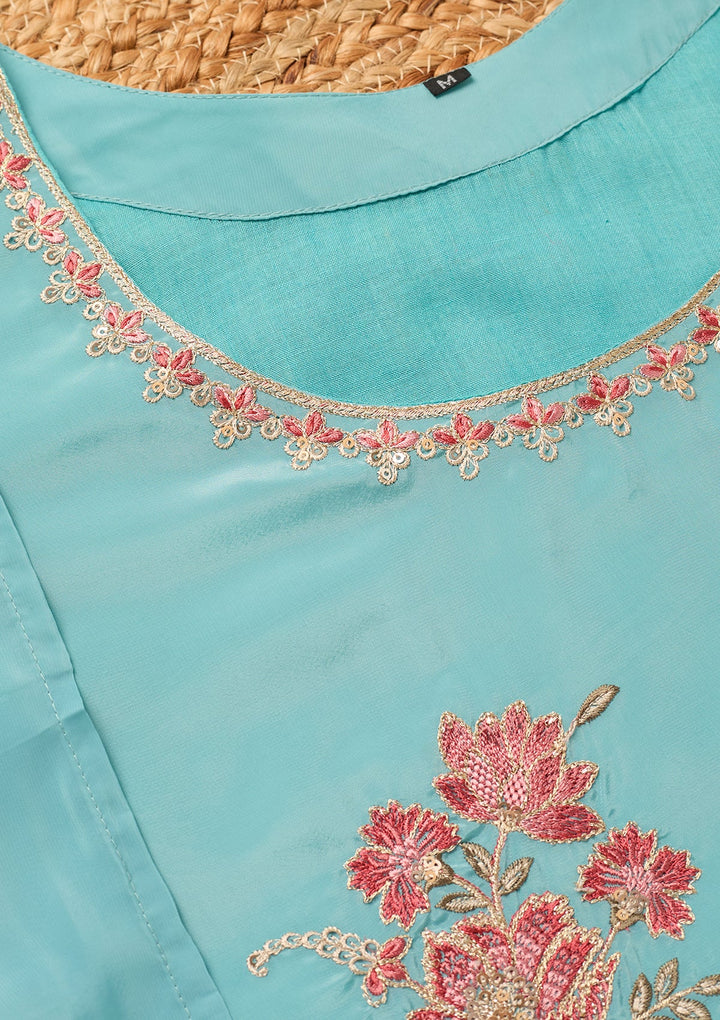 Sky Blue Semi Crepe Threadwork Straight Kurta With Pant Regular And Dupatta
