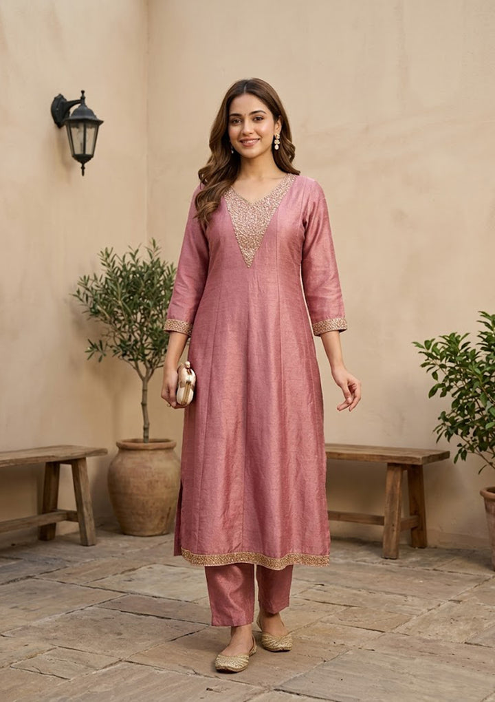 Dark Onion Pink Soft Raw Silk Gold Zariwork Anarkali Kurta With Pant Regular And Dupatta