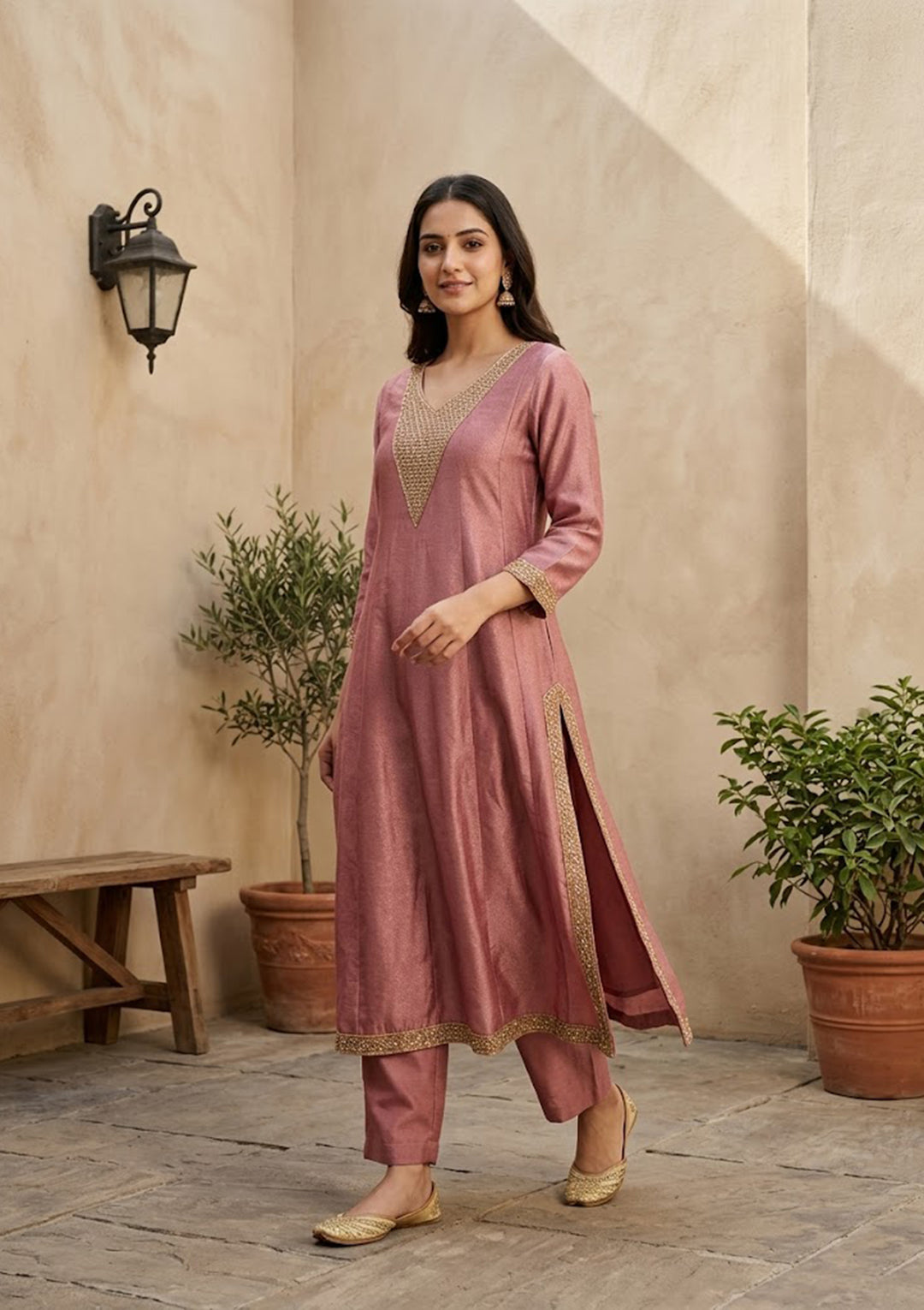 Dark Onion Pink Soft Raw Silk Gold Zariwork Anarkali Kurta With Pant Regular And Dupatta