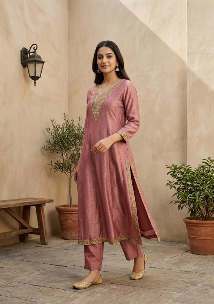 Dark Onion Pink Soft Raw Silk Gold Zariwork Anarkali Kurta With Pant Regular And Dupatta