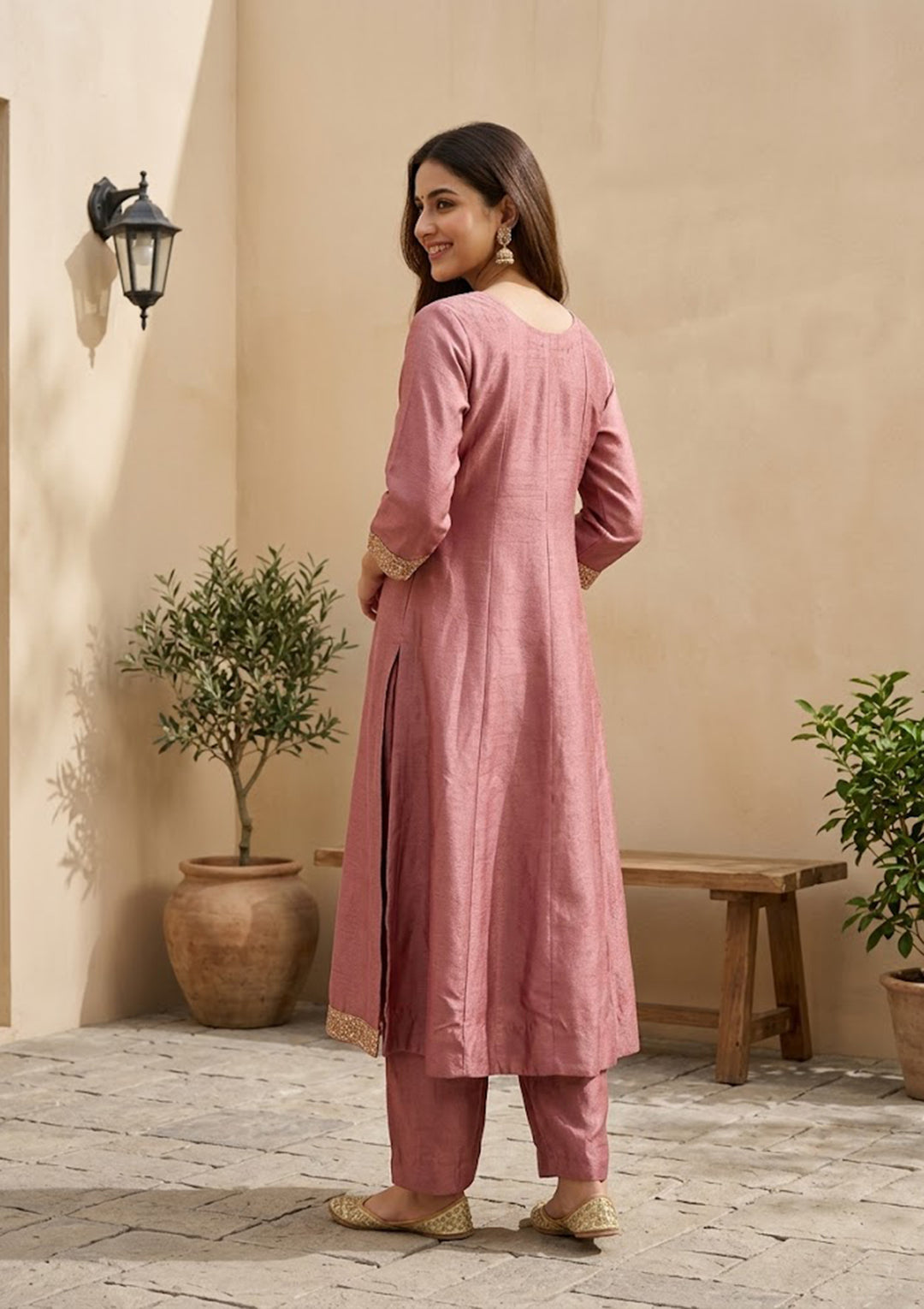 Dark Onion Pink Soft Raw Silk Gold Zariwork Anarkali Kurta With Pant Regular And Dupatta