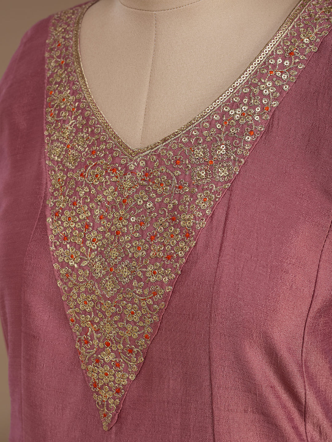 Dark Onion Pink Soft Raw Silk Gold Zariwork Anarkali Kurta With Pant Regular And Dupatta