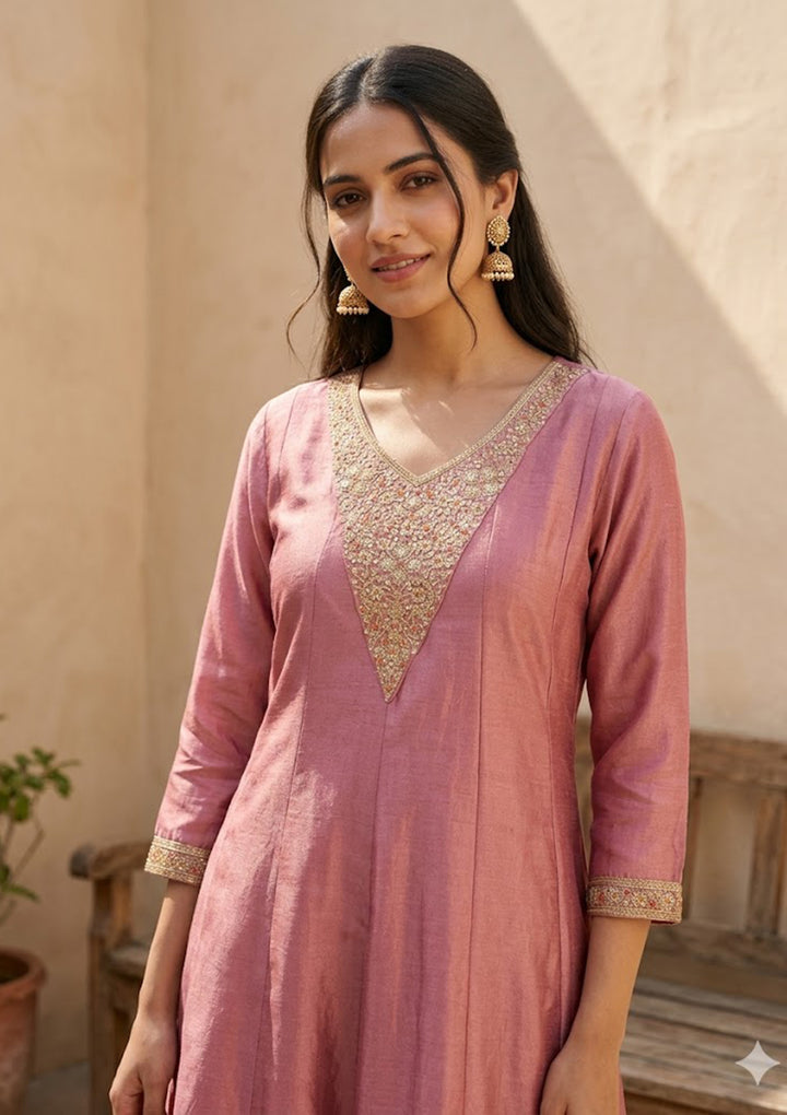 Dark Onion Pink Soft Raw Silk Gold Zariwork Anarkali Kurta With Pant Regular And Dupatta