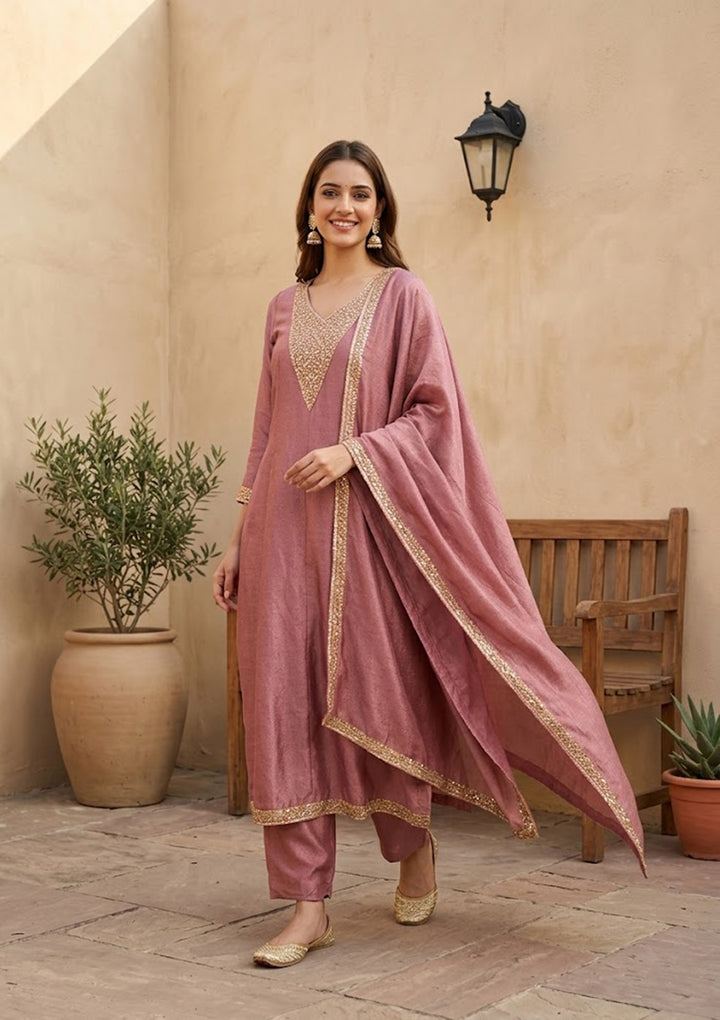 Dark Onion Pink Soft Raw Silk Gold Zariwork Anarkali Kurta With Pant Regular And Dupatta