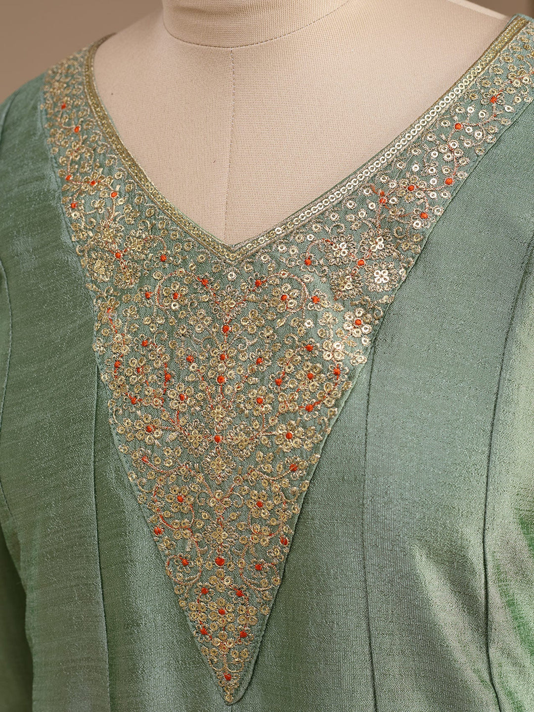 Green Soft Raw Silk Gold Zariwork Anarkali Kurta With Pant Regular And Dupatta