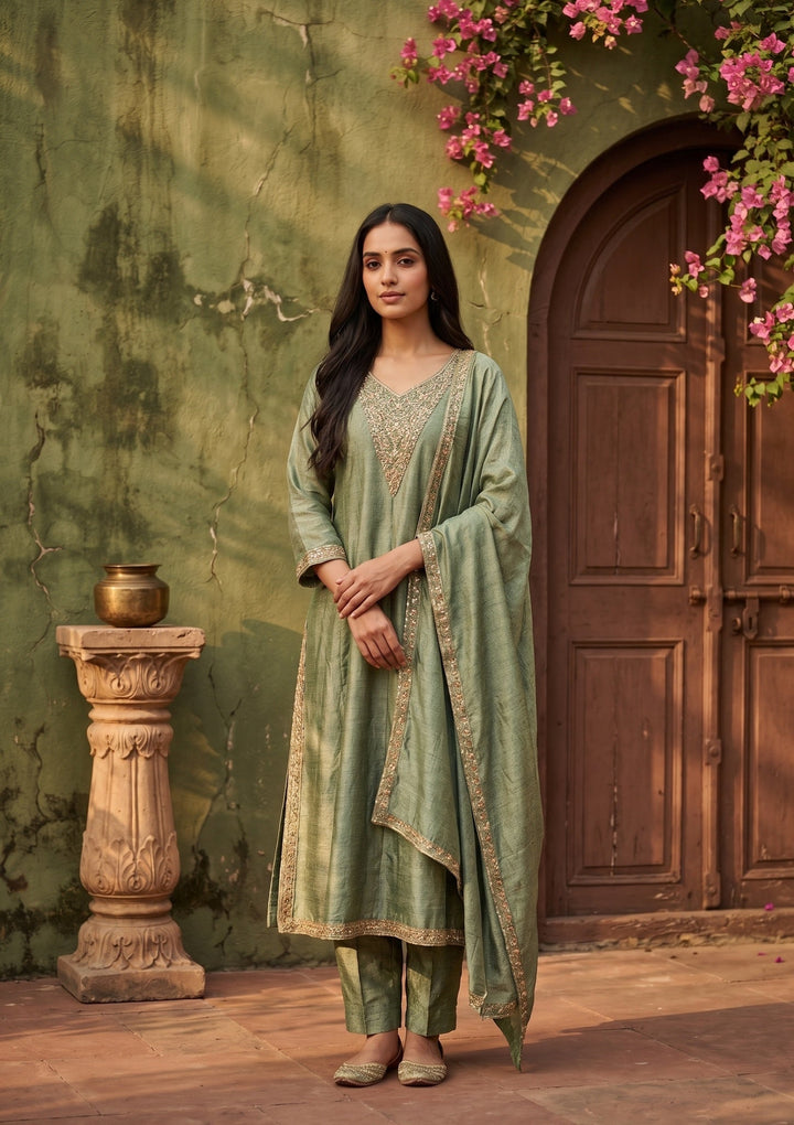 Green Soft Raw Silk Gold Zariwork Anarkali Kurta With Pant Regular And Dupatta