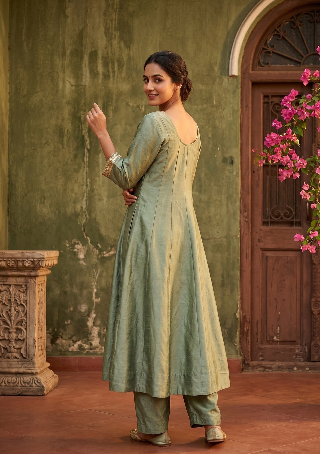 Green Soft Raw Silk Gold Zariwork Anarkali Kurta With Pant Regular And Dupatta
