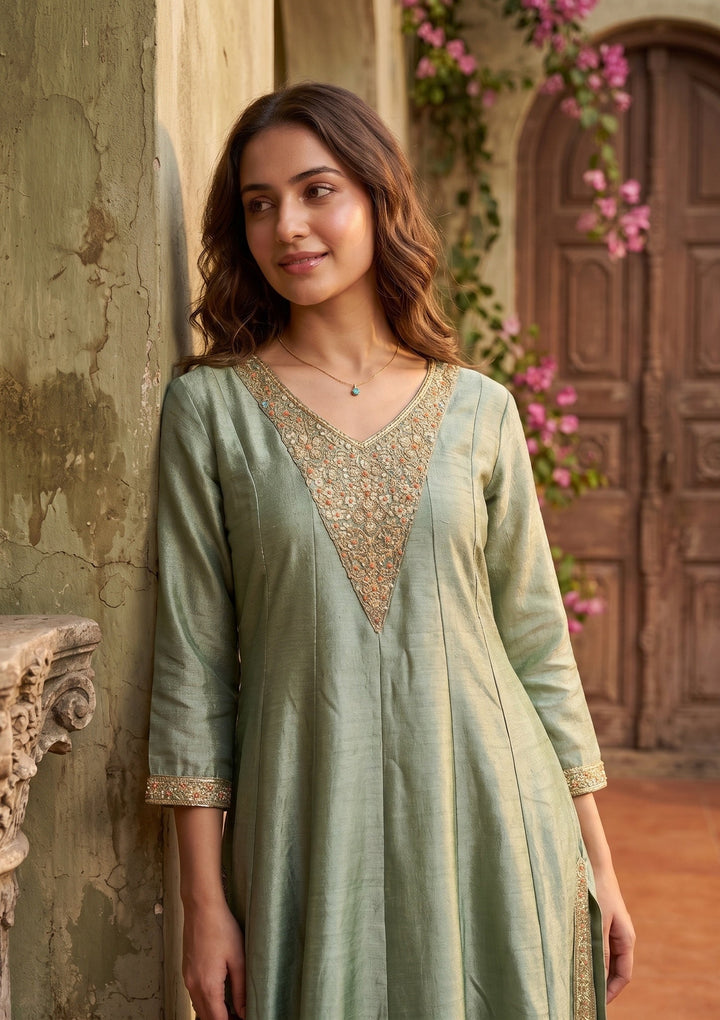 Green Soft Raw Silk Gold Zariwork Anarkali Kurta With Pant Regular And Dupatta