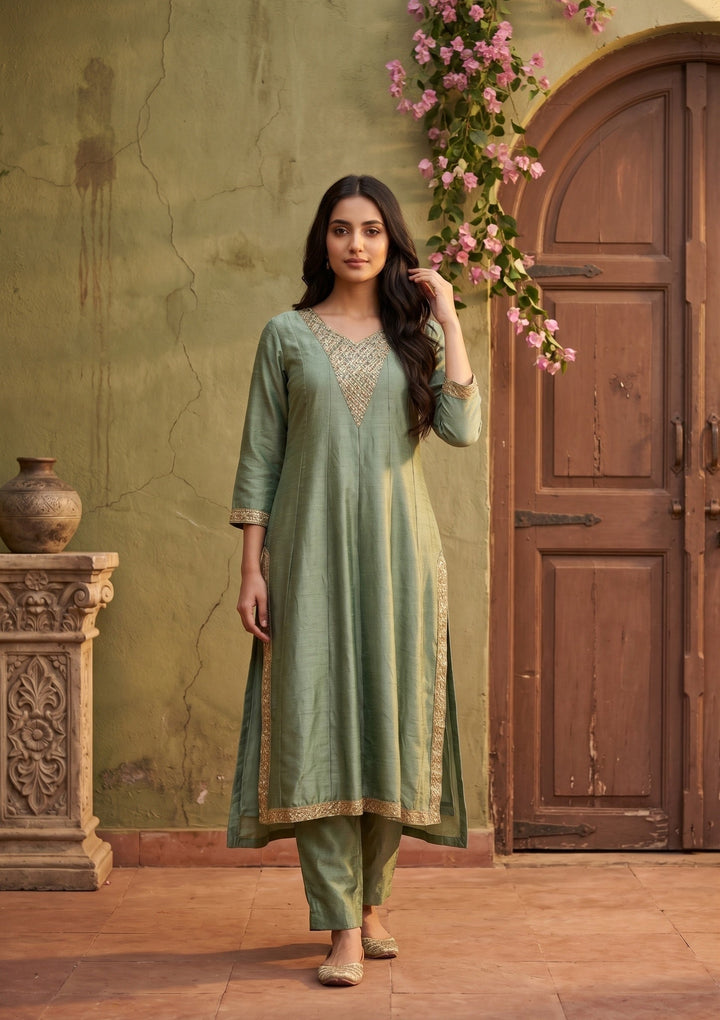 Green Soft Raw Silk Gold Zariwork Anarkali Kurta With Pant Regular And Dupatta