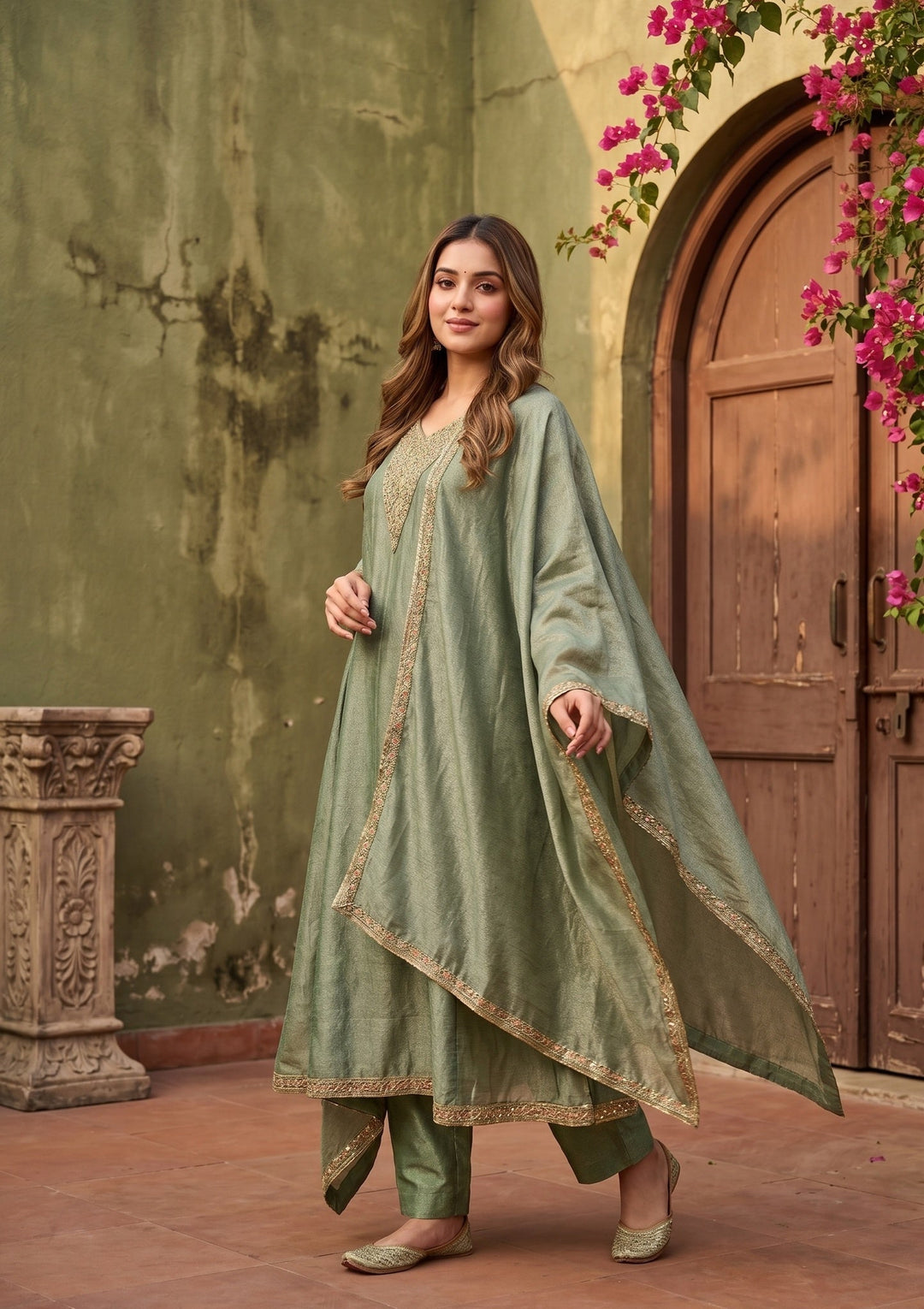 Green Soft Raw Silk Gold Zariwork Anarkali Kurta With Pant Regular And Dupatta
