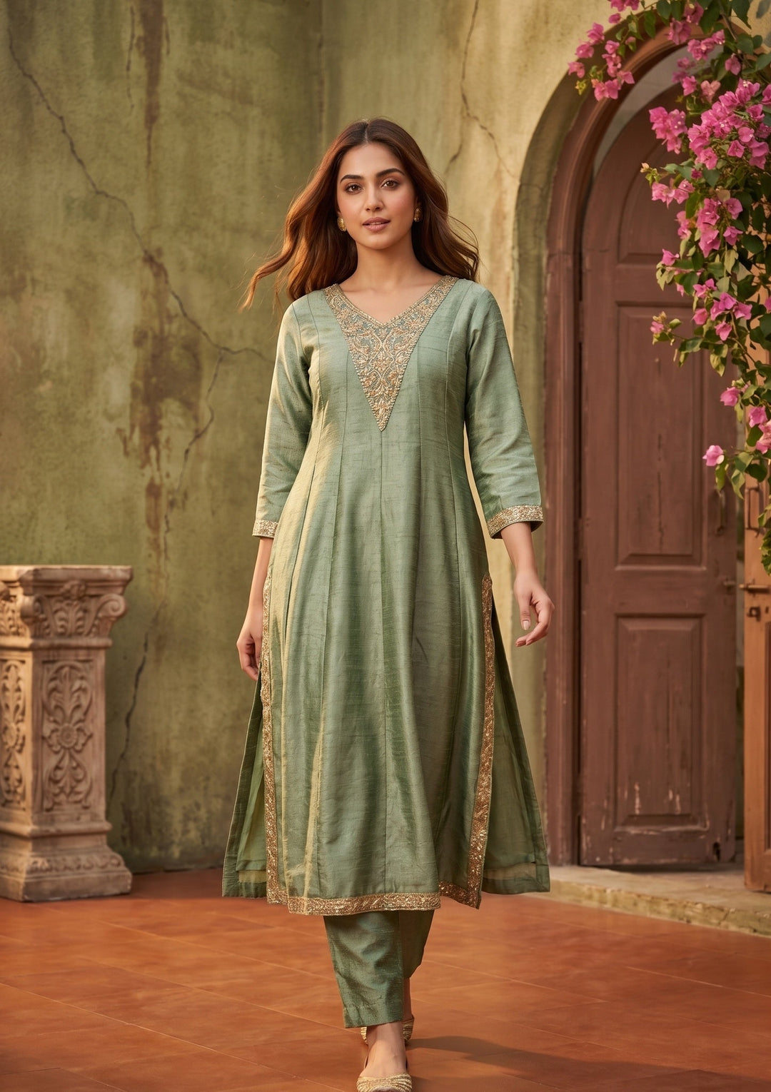 Green Soft Raw Silk Gold Zariwork Anarkali Kurta With Pant Regular And Dupatta