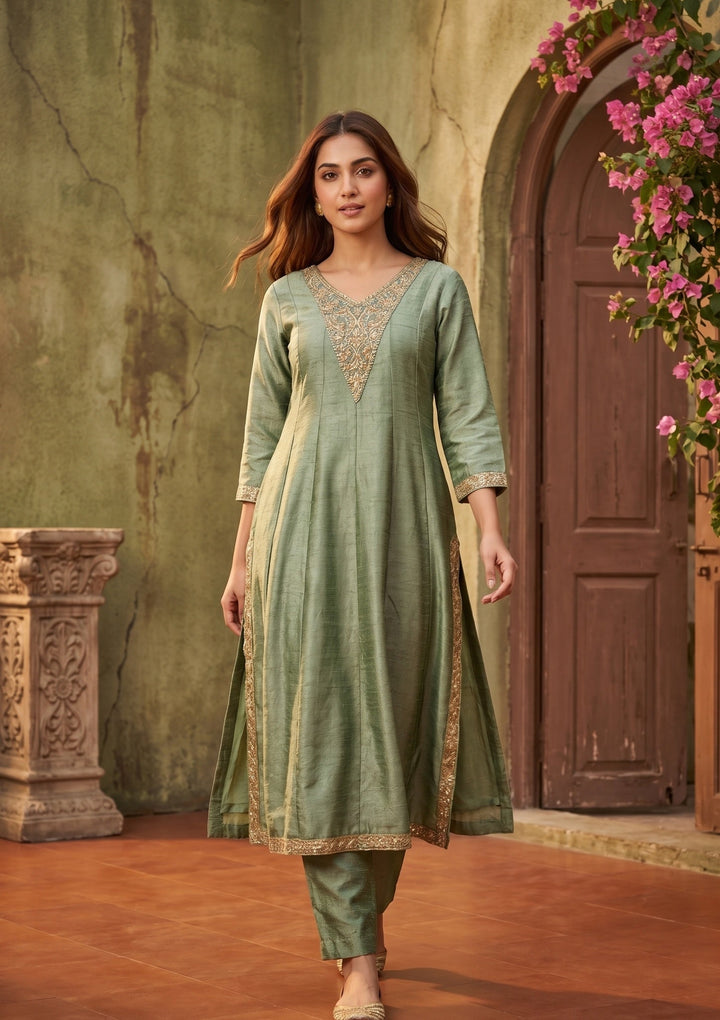 Green Soft Raw Silk Gold Zariwork Anarkali Kurta With Pant Regular And Dupatta