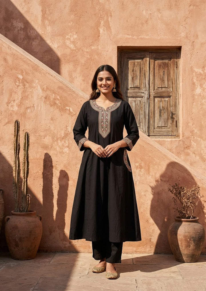 Black Soft Raw Silk Silver Zariwork Anarkali Kurta With Pant Regular And Dupatta