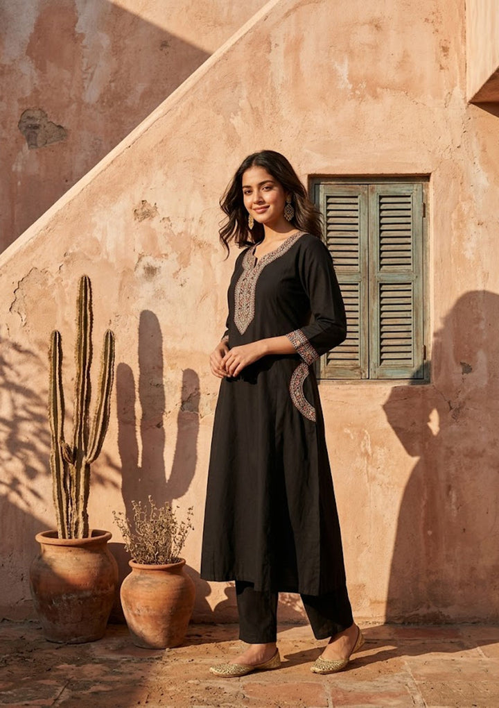 Black Soft Raw Silk Silver Zariwork Anarkali Kurta With Pant Regular And Dupatta