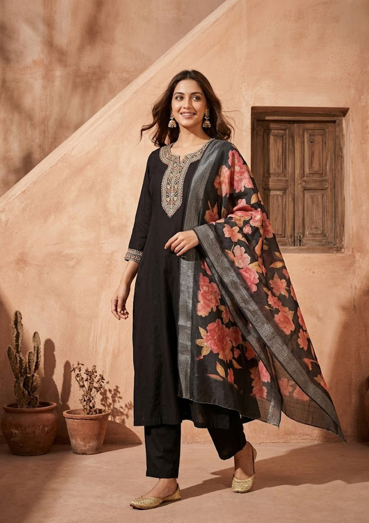 Black Soft Raw Silk Silver Zariwork Anarkali Kurta With Pant Regular And Dupatta