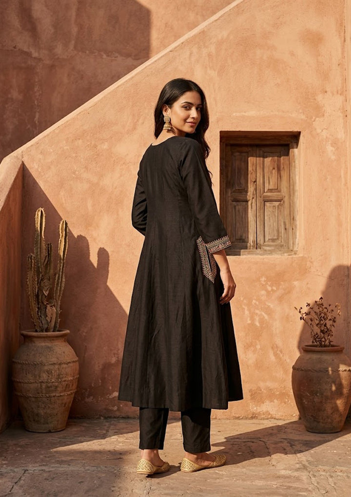 Black Soft Raw Silk Silver Zariwork Anarkali Kurta With Pant Regular And Dupatta