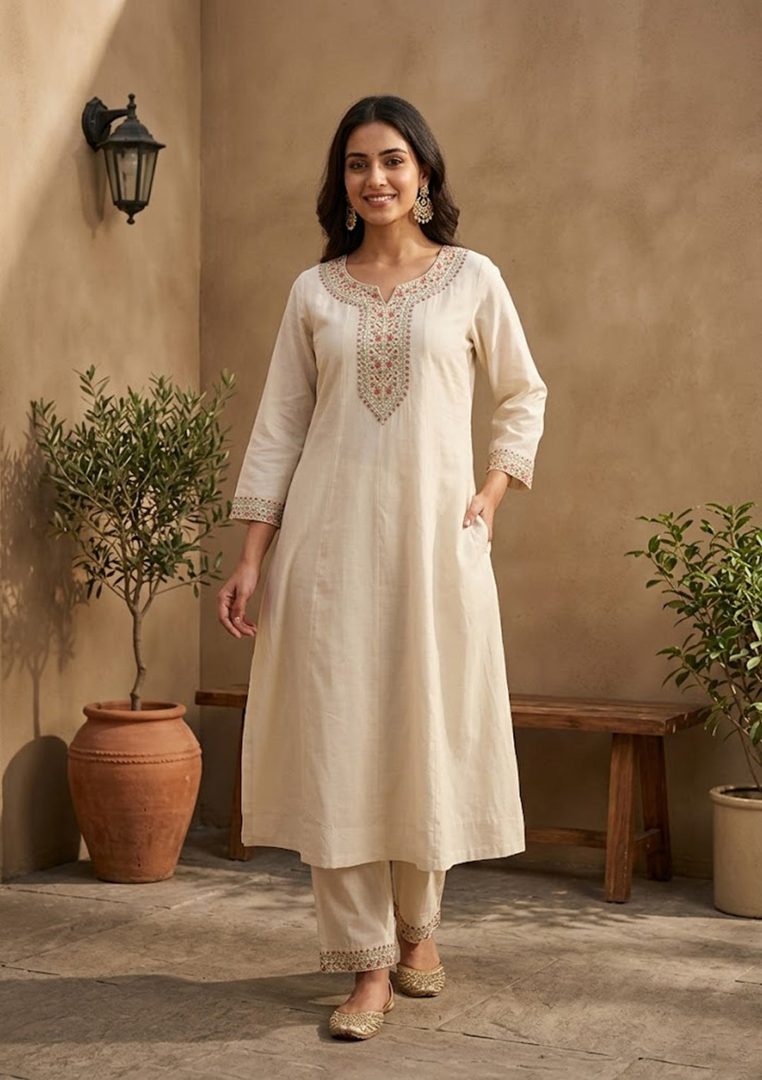 Cream Soft Raw Silk Silver Zariwork Anarkali Kurta With Pant Regular And Dupatta
