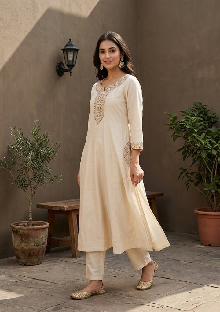 Cream Soft Raw Silk Silver Zariwork Anarkali Kurta With Pant Regular And Dupatta
