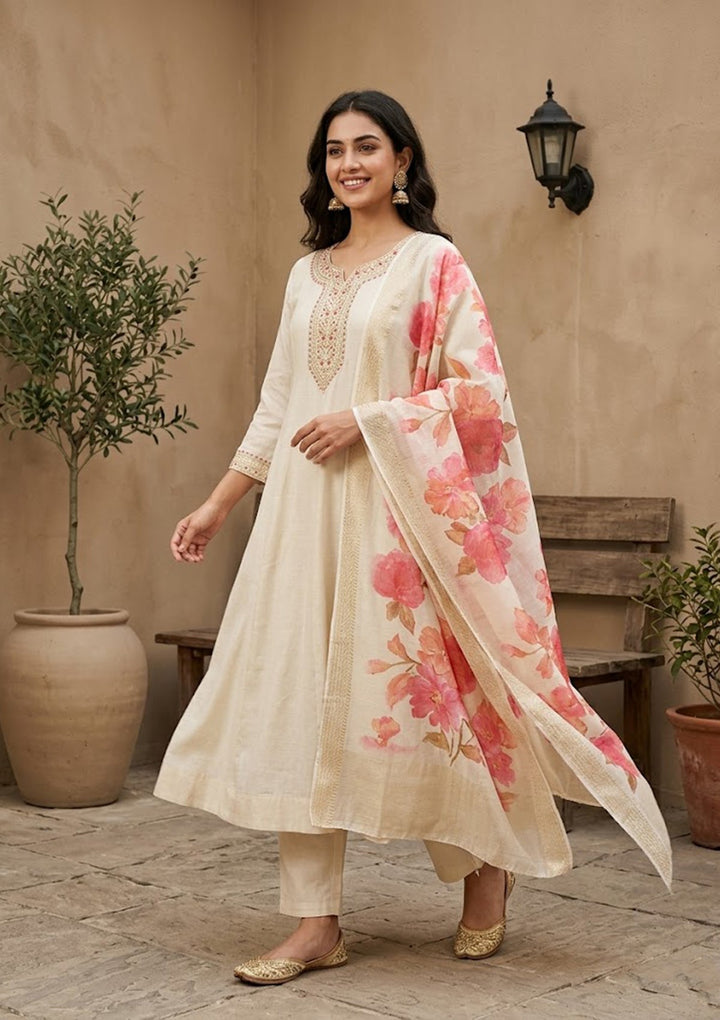Cream Soft Raw Silk Silver Zariwork Anarkali Kurta With Pant Regular And Dupatta