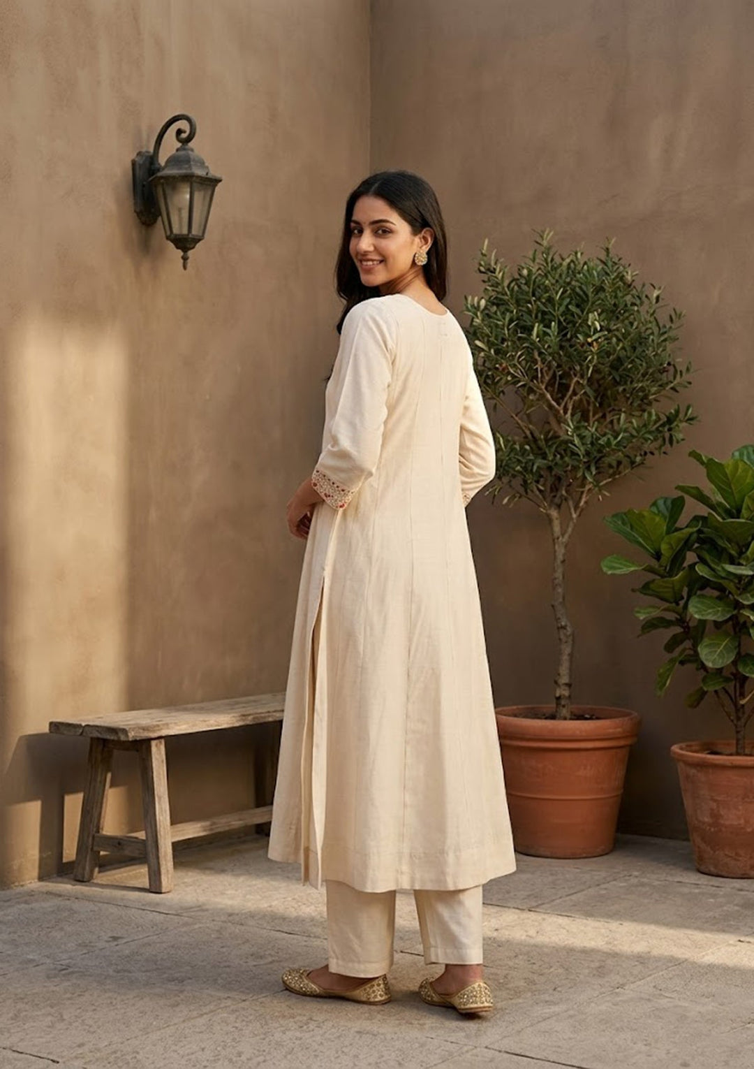 Cream Soft Raw Silk Silver Zariwork Anarkali Kurta With Pant Regular And Dupatta