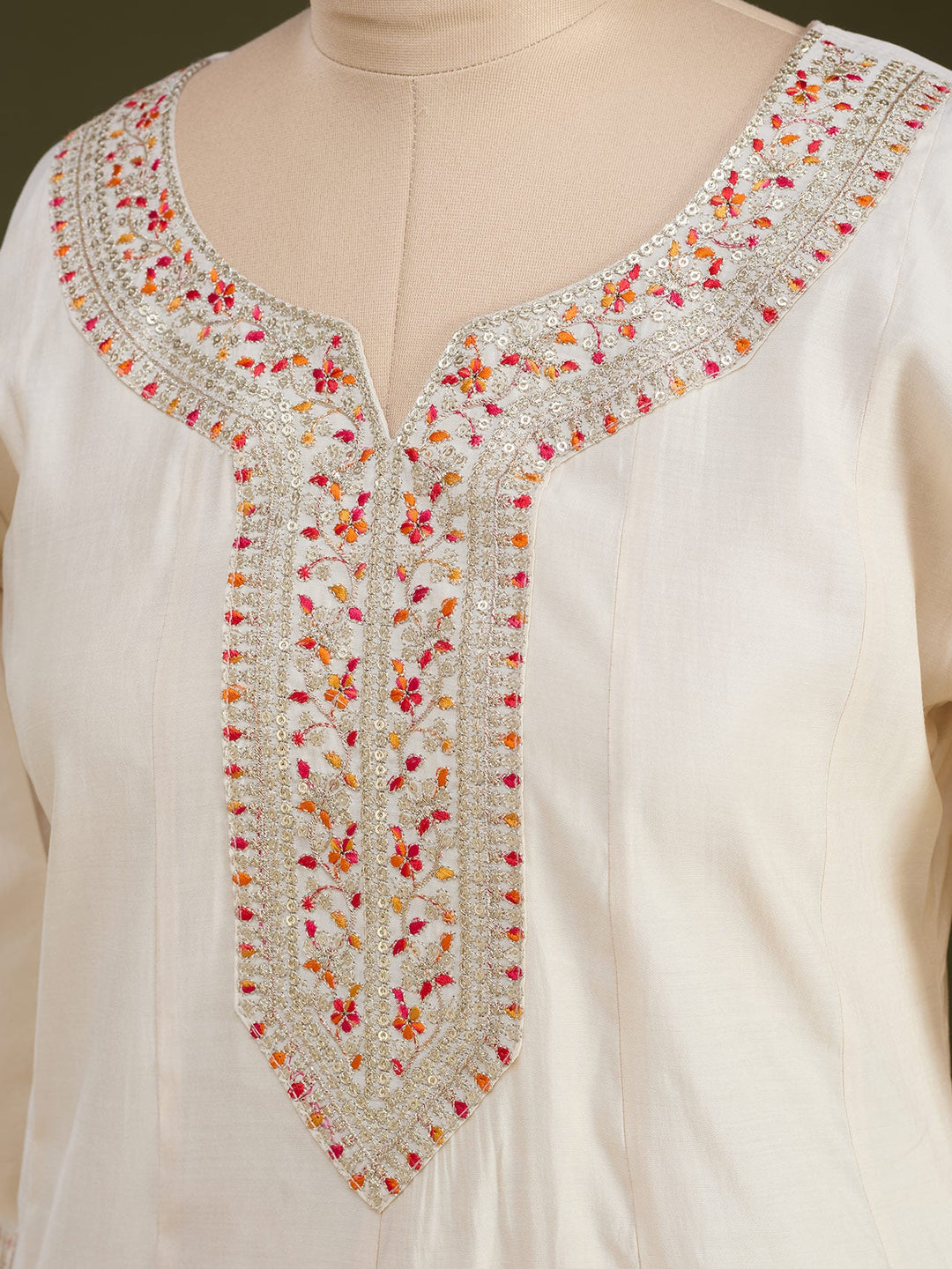 Cream Soft Raw Silk Silver Zariwork Anarkali Kurta With Pant Regular And Dupatta