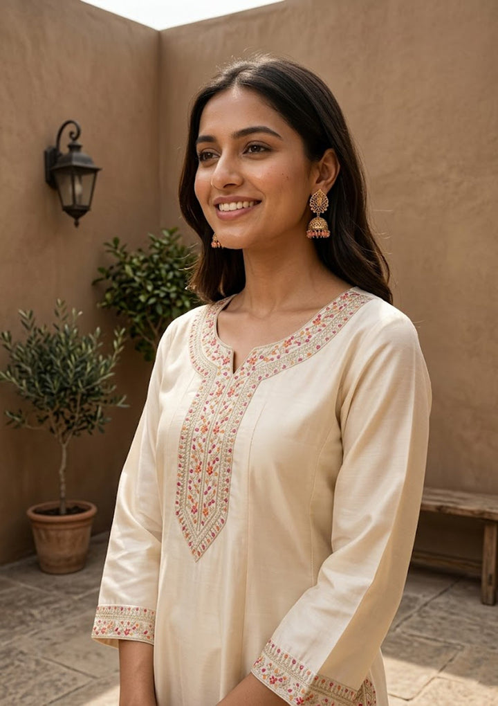 Cream Soft Raw Silk Silver Zariwork Anarkali Kurta With Pant Regular And Dupatta