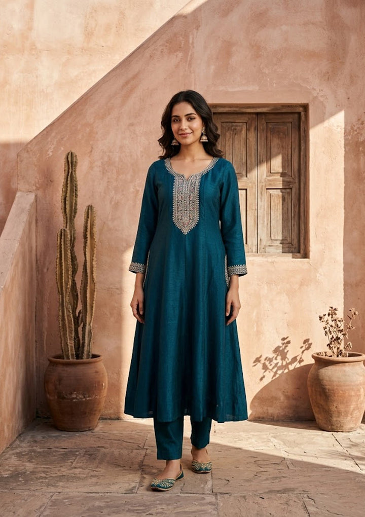 Teal Green Soft Raw Silk Gold Zariwork Anarkali Kurta With Pant Regular And Dupatta