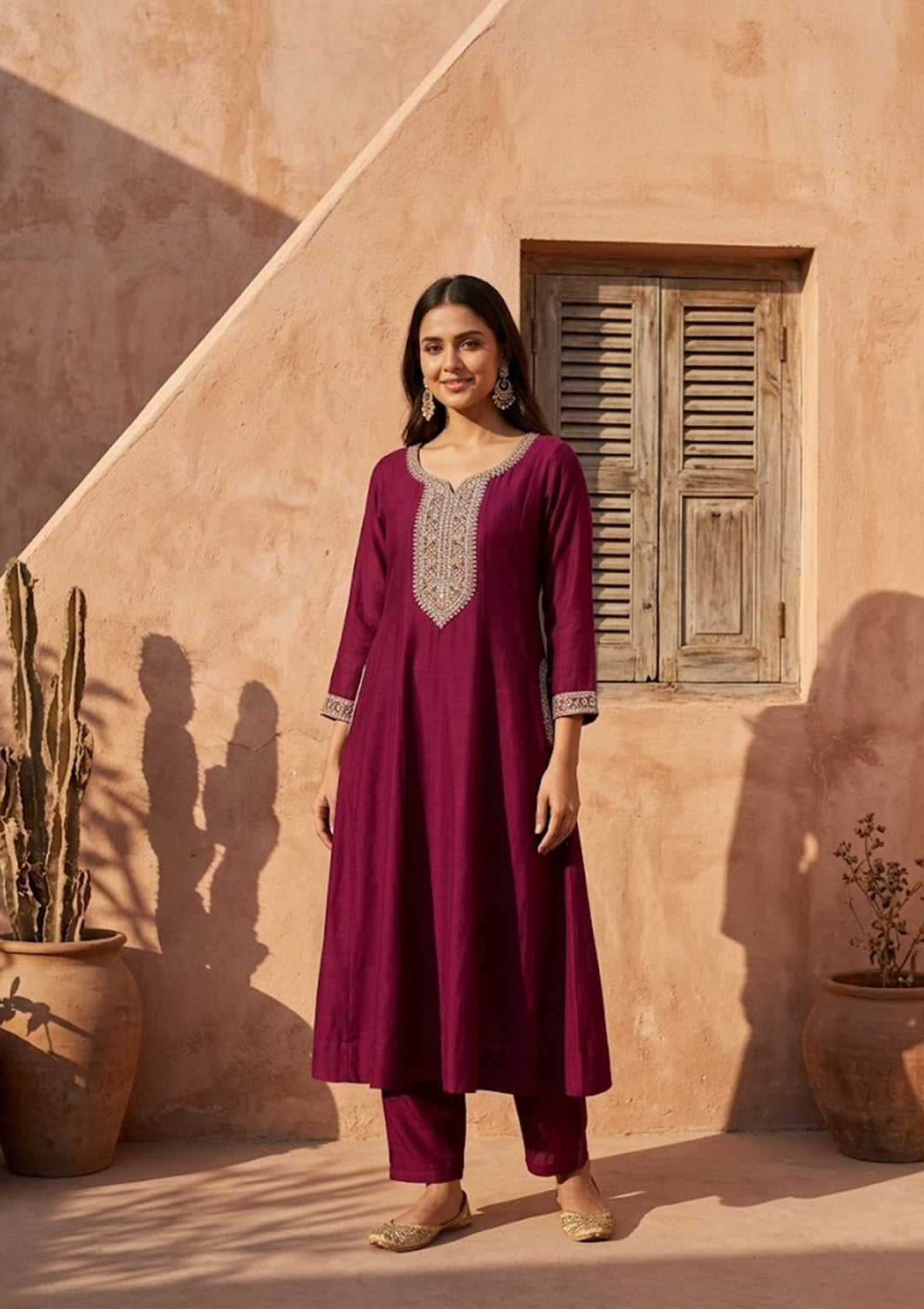Wine Soft Raw Silk Gold Zariwork Anarkali Kurta With Pant Regular And Dupatta