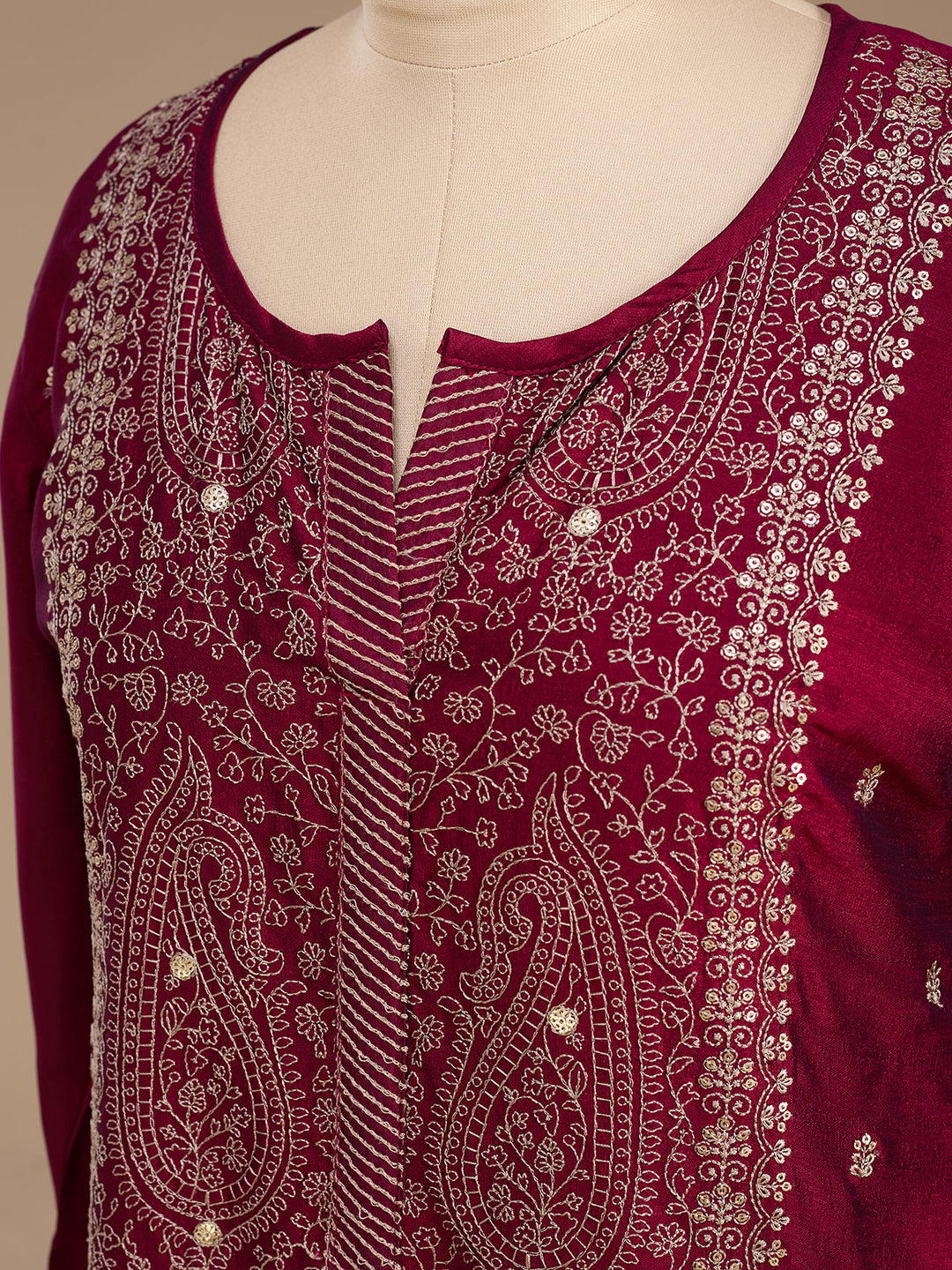 Maroon Soft Raw Silk Threadwork Straight Kurta With Pant Regular And Dupatta