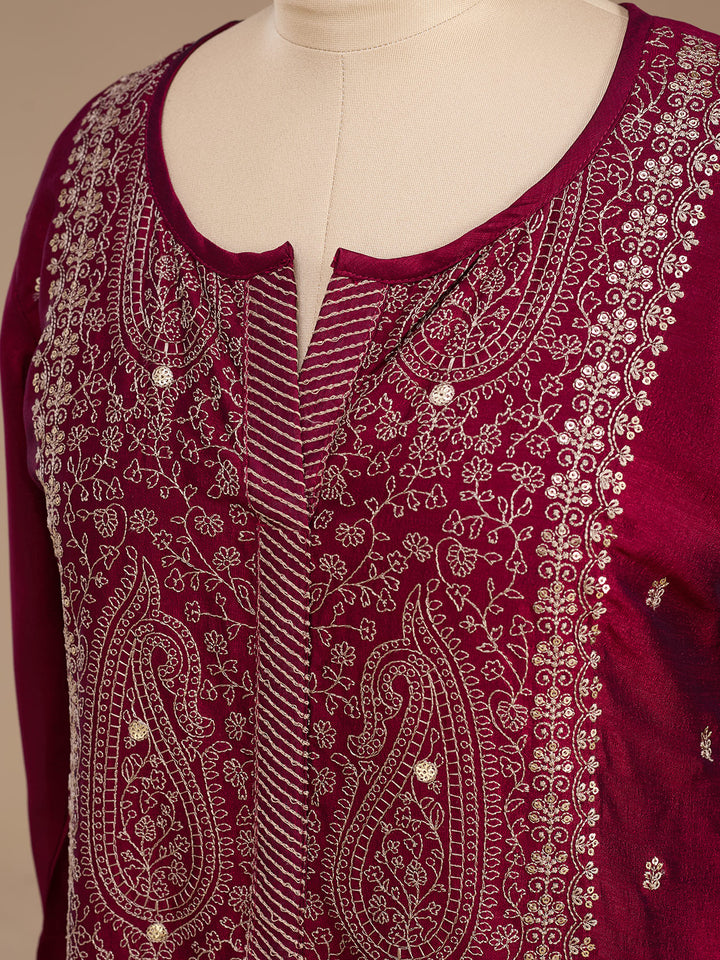 Maroon Soft Raw Silk Threadwork Straight Kurta With Pant Regular And Dupatta