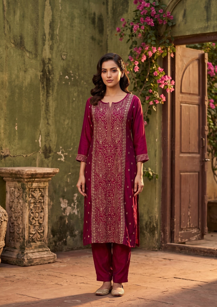 Maroon Soft Raw Silk Threadwork Straight Kurta With Pant Regular And Dupatta
