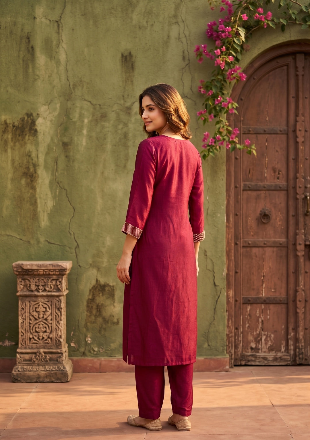 Maroon Soft Raw Silk Threadwork Straight Kurta With Pant Regular And Dupatta