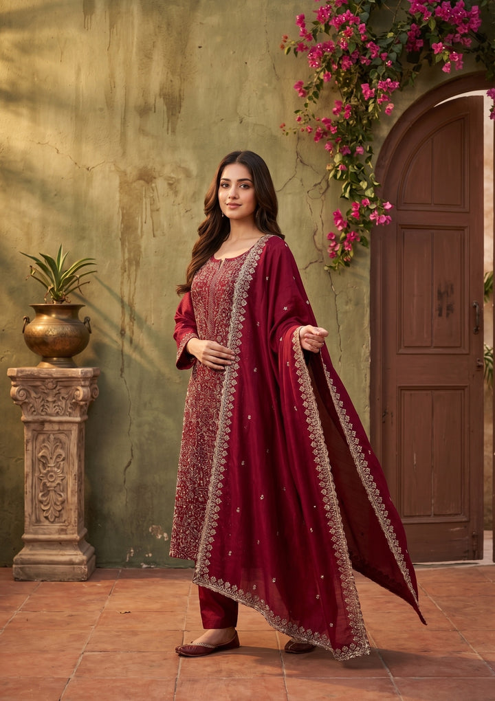 Maroon Soft Raw Silk Threadwork Straight Kurta With Pant Regular And Dupatta
