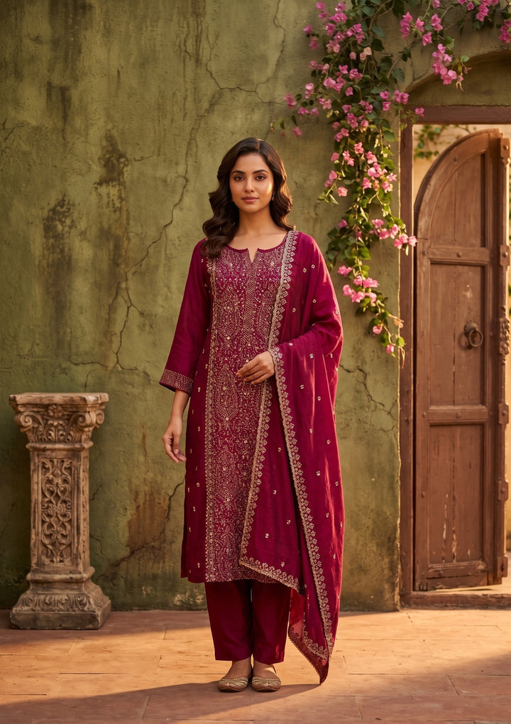 Maroon Soft Raw Silk Threadwork Straight Kurta With Pant Regular And Dupatta