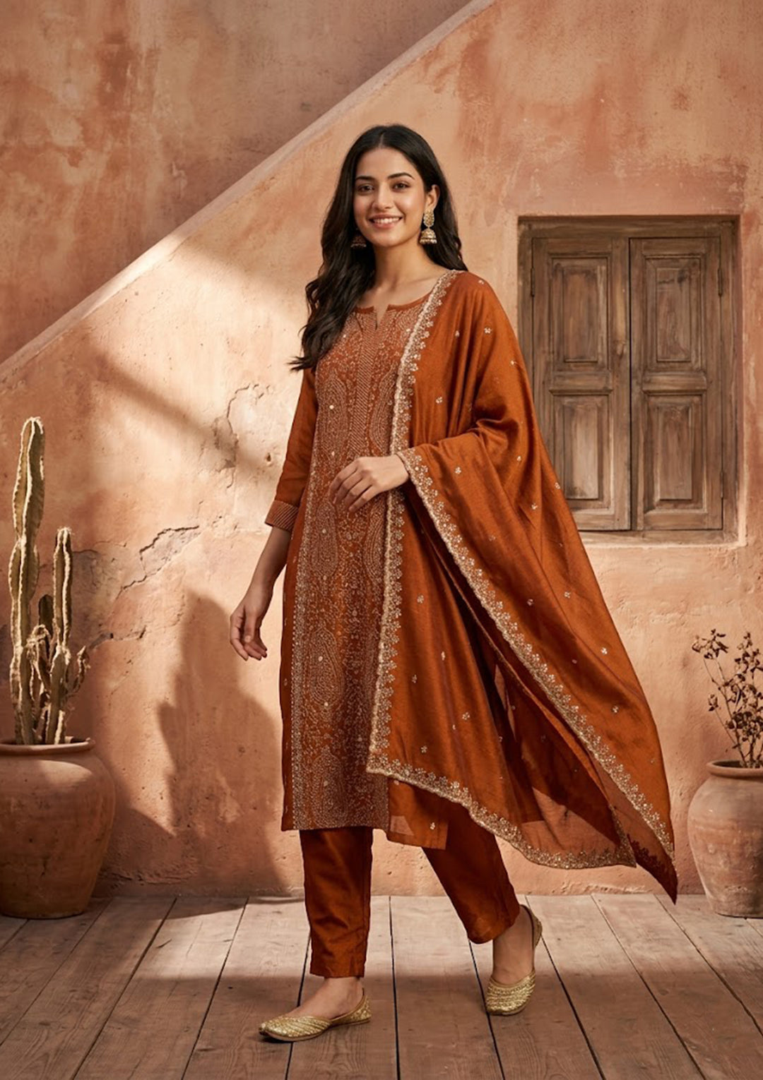 Rust Soft Raw Silk Threadwork Straight Kurta With Pant Regular And Dupatta