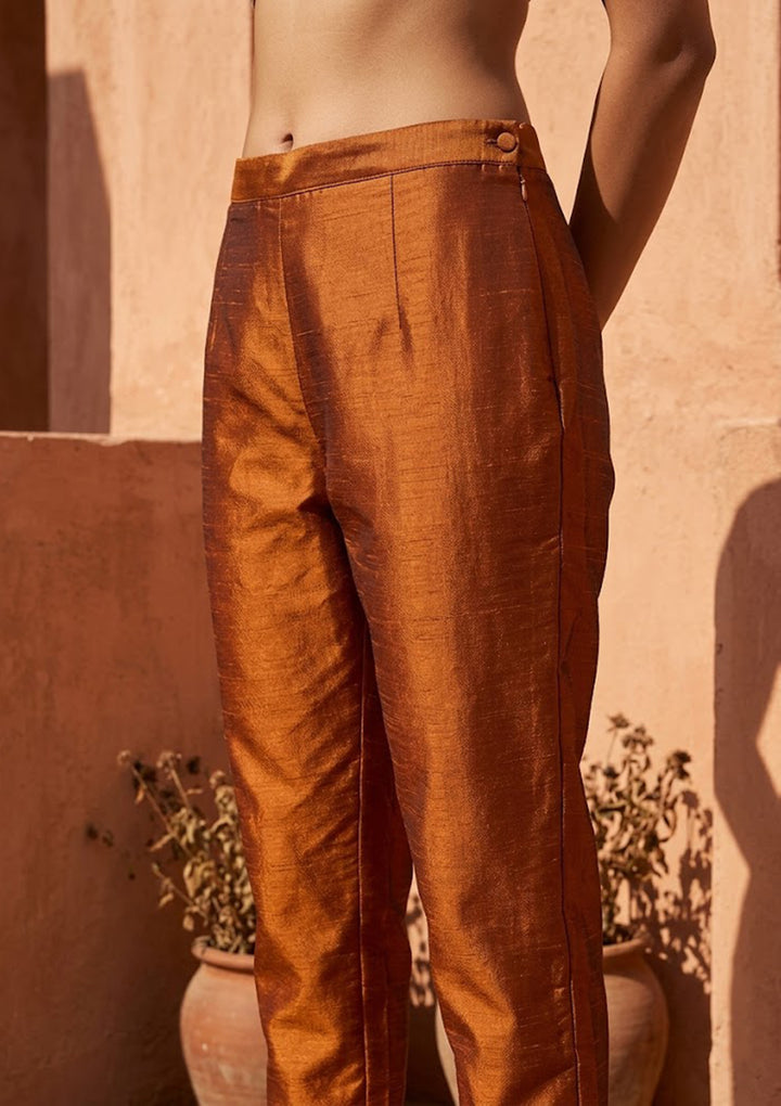 Rust Soft Raw Silk Threadwork Straight Kurta With Pant Regular And Dupatta