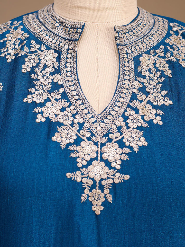 Blue Threadwork Soft Raw Silk Readymade Salwar Suit