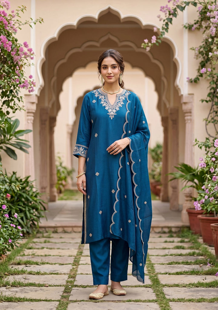 Blue Threadwork Soft Raw Silk Readymade Salwar Suit