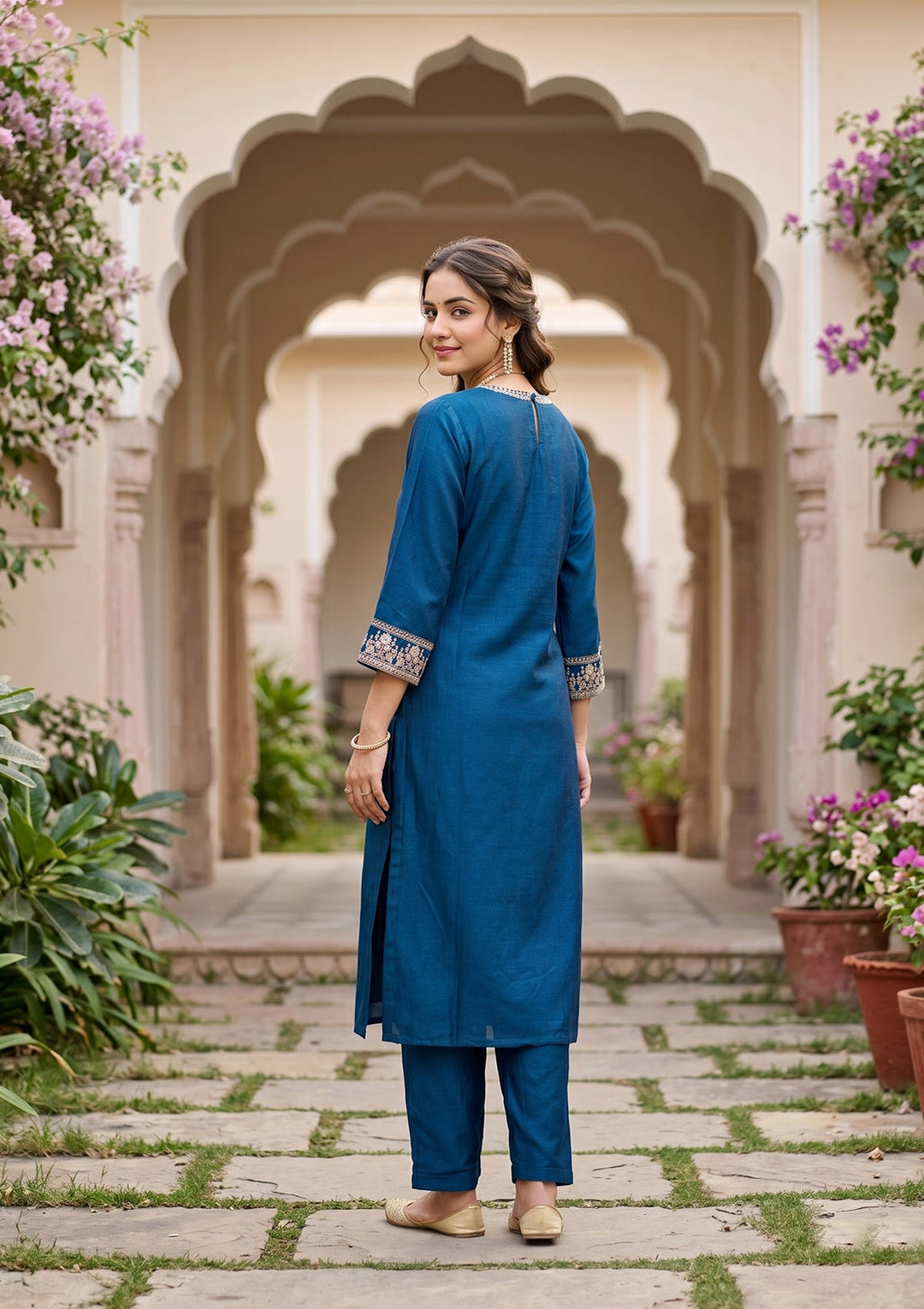 Blue Threadwork Soft Raw Silk Readymade Salwar Suit