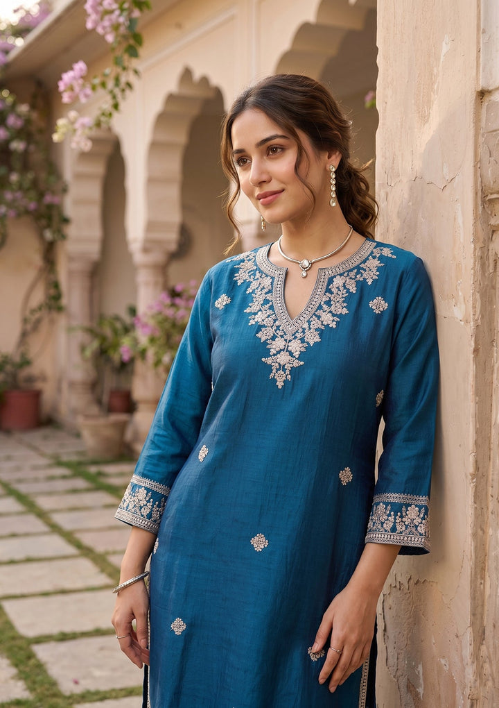 Blue Threadwork Soft Raw Silk Readymade Salwar Suit