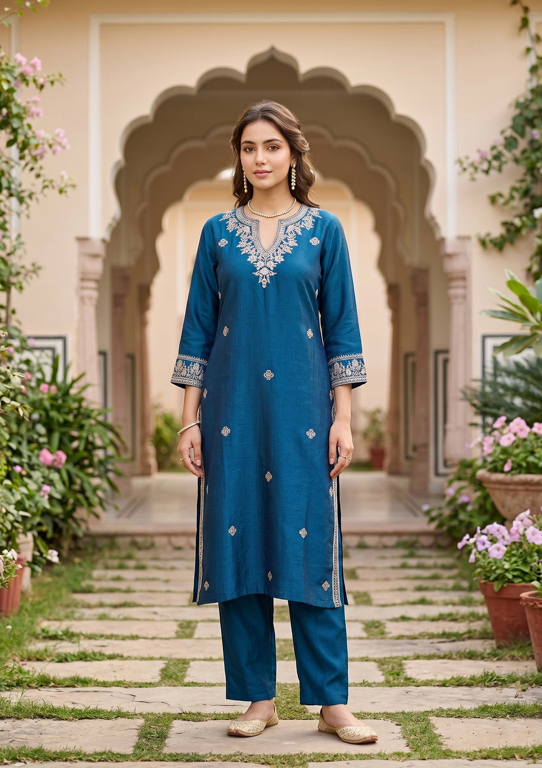 Blue Threadwork Soft Raw Silk Readymade Salwar Suit