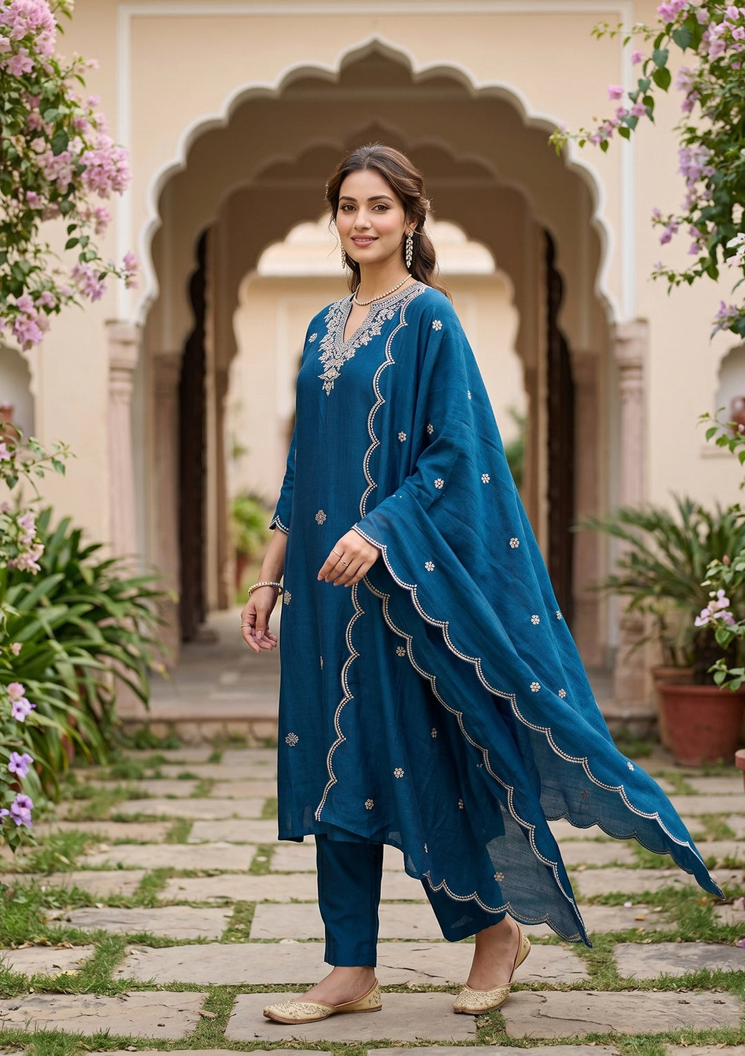 Blue Threadwork Soft Raw Silk Readymade Salwar Suit