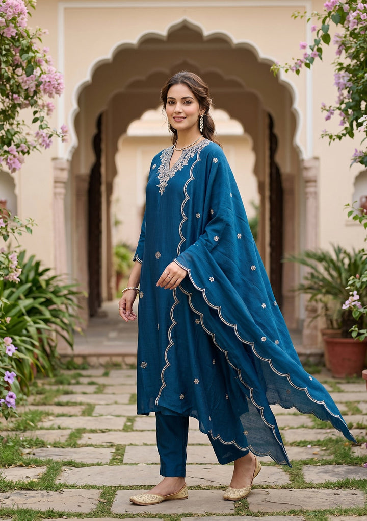 Blue Threadwork Soft Raw Silk Readymade Salwar Suit