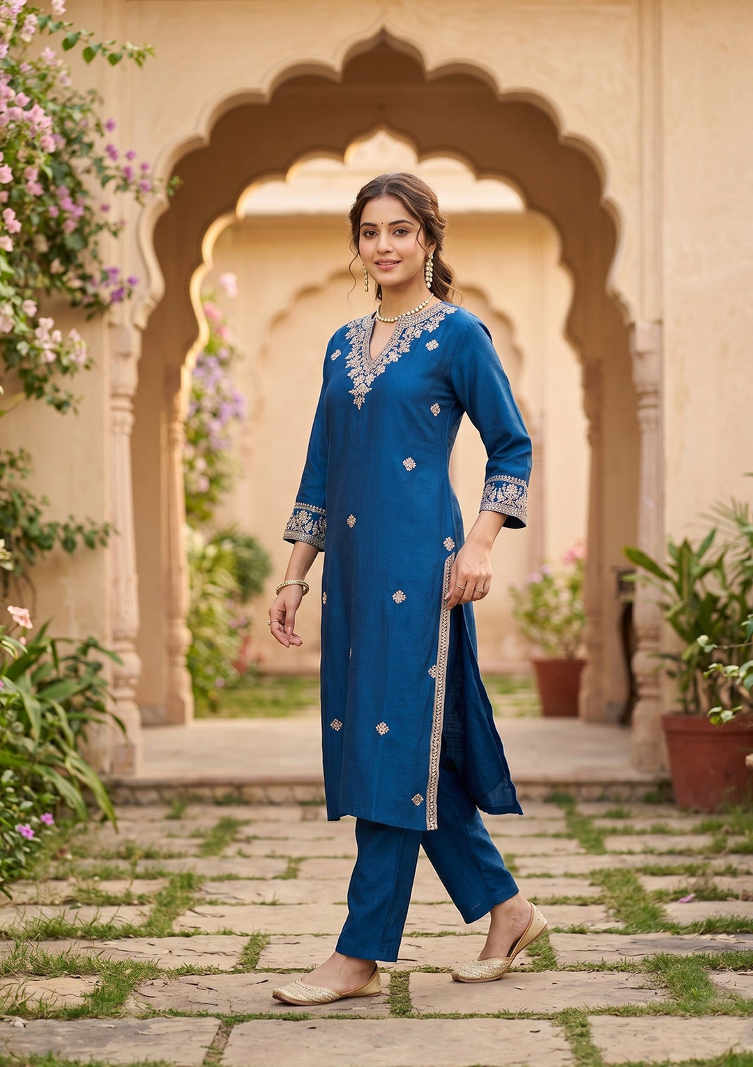 Blue Threadwork Soft Raw Silk Readymade Salwar Suit
