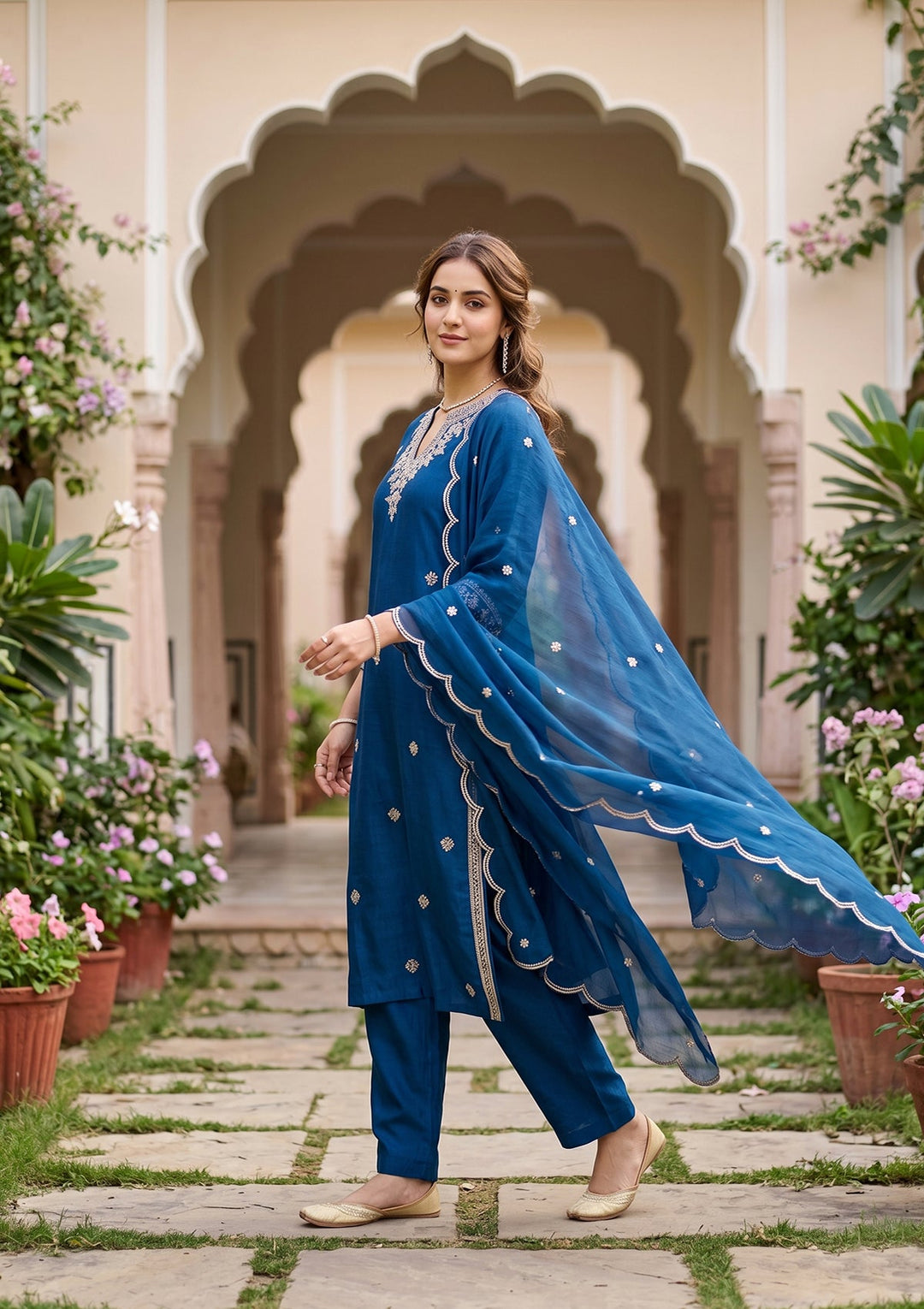 Blue Threadwork Soft Raw Silk Readymade Salwar Suit
