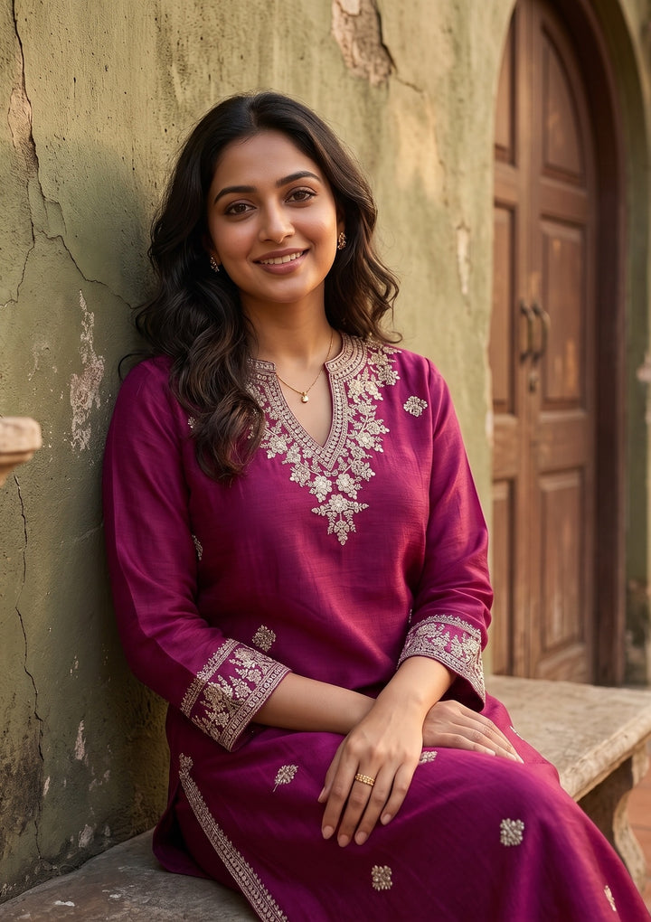 Wine Soft Raw Silk Threadwork Straight Kurta With Pant Regular And Dupatta